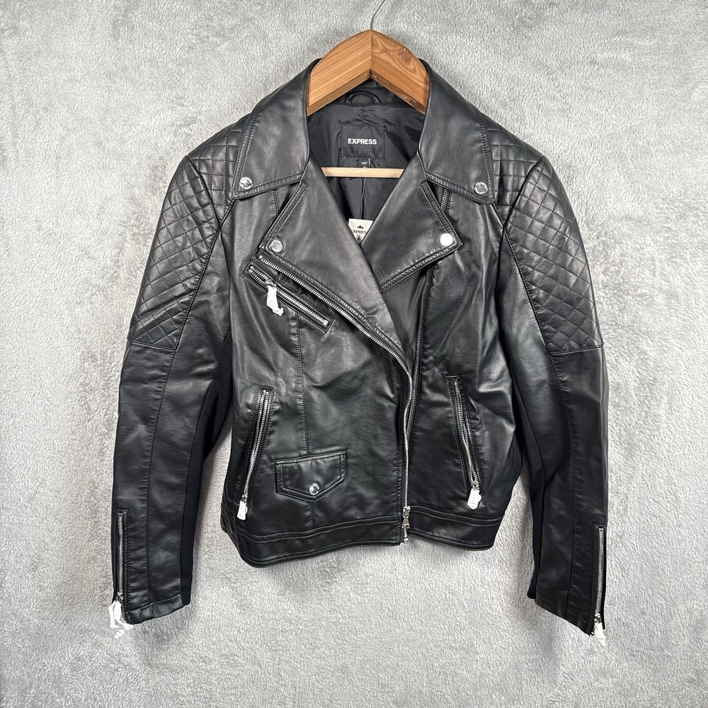 Express Faux Leather Moto Jacket Womens L Black Biker Zip Quilted Classic NWT